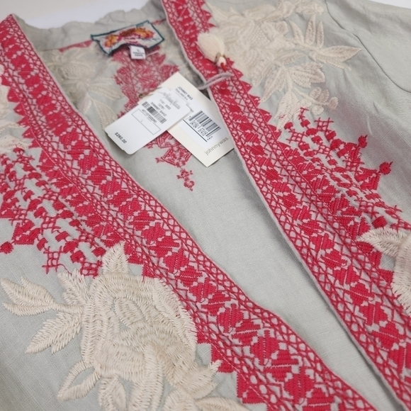New Johnny Was Camille Draped Embroidered Grey Red Cardigan Sz L - Picture 6 of 16